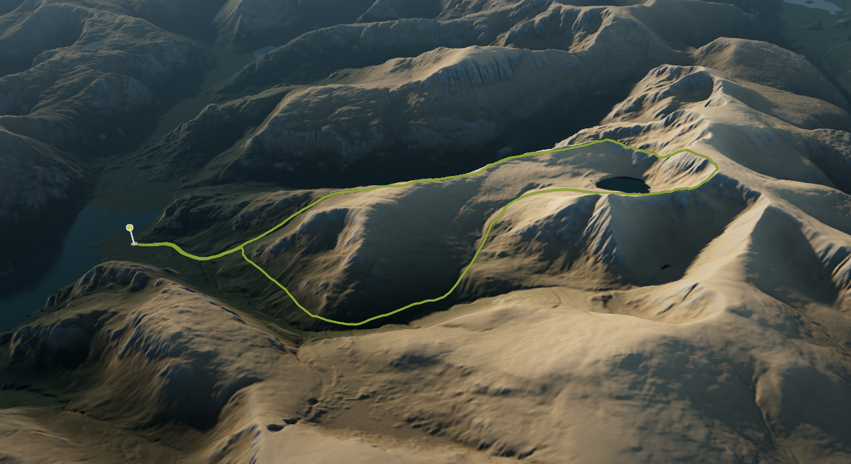 Helvellyn via Striding Edge: the route drawn over its terrain