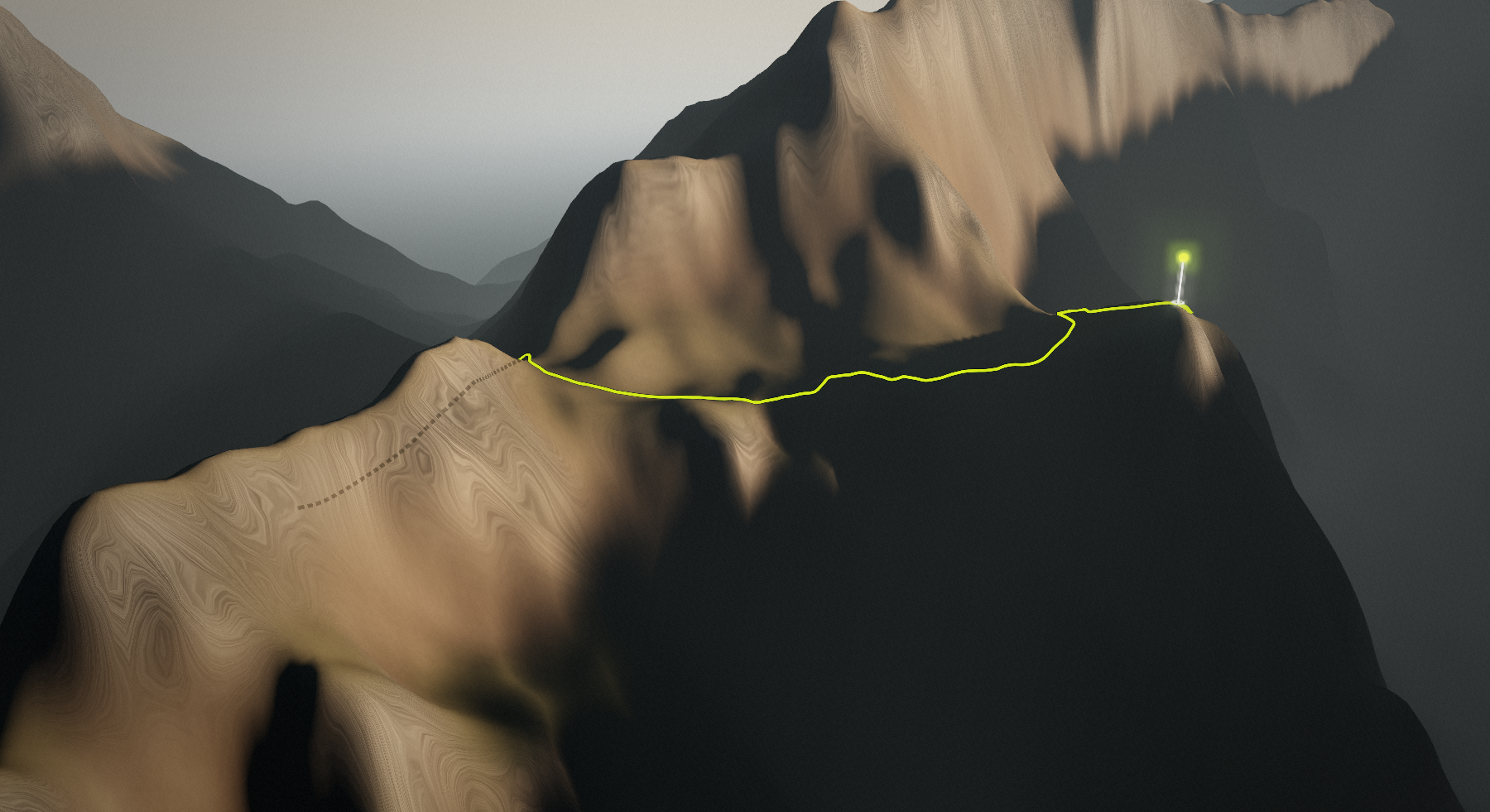 Erjavčeva koča - Slemenova špica: the route drawn over its terrain