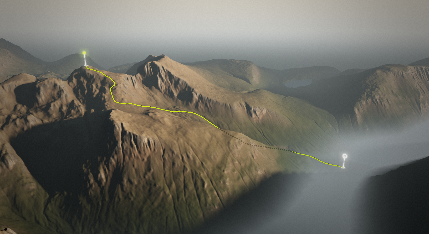 Scafell Pike via Hollow Stones & Lingmell Col: the route drawn over its terrain